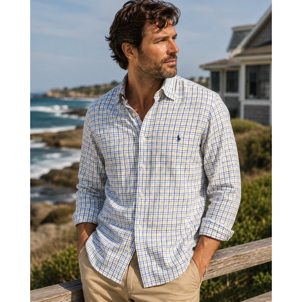 Ralph‎ Lauren Button Down Shirt Mens 3XB White Blue Yellow Plaid Performance